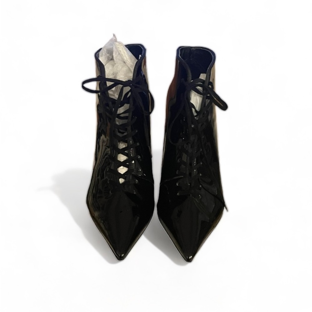 Zara Black Patent Pointed Lace-Up Heel Booties (Size 7)